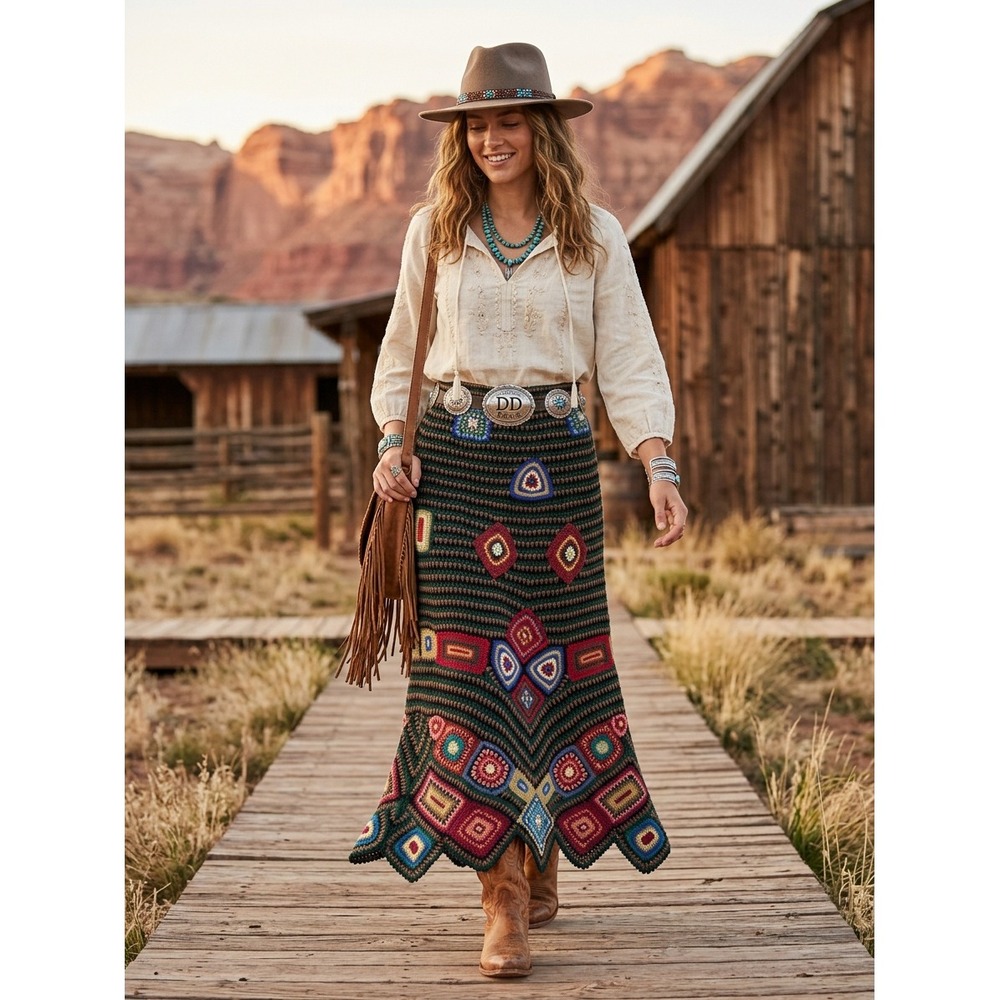 Double D Ranch Crochet Maxi Skirt Linen Cotton Patchwork Boho Scalloped Hem